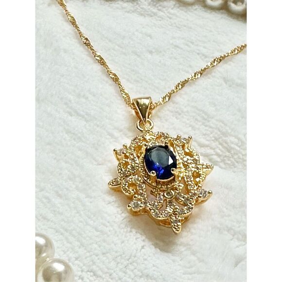 Sapphire blue cubic zirconia intricate regal style pendant necklace  - Picture 6 of 12